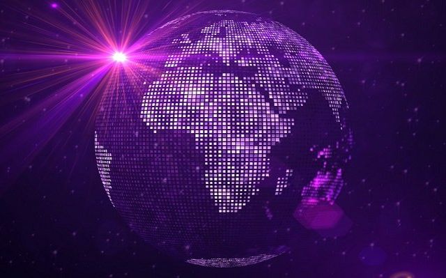 Red,Purple,Light,Of,Square,Shines,Dotted,Globe,Earth,World